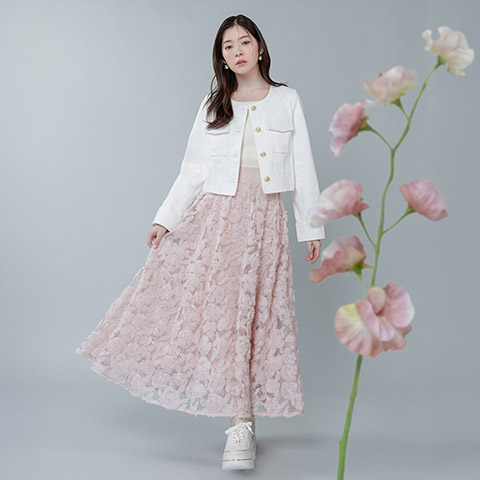 【Flower Collection】3Dフラワーフレアロングスカート