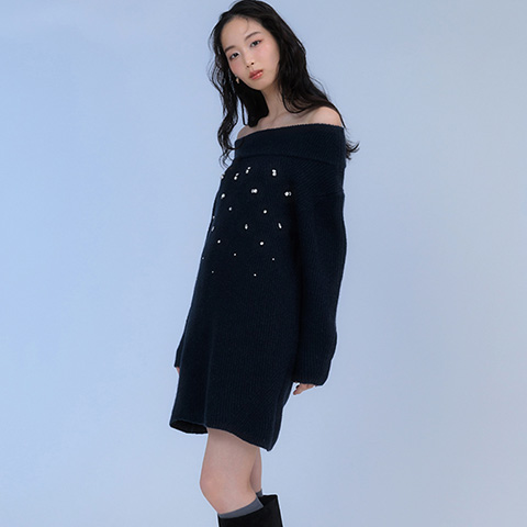 【Decorative Knit】ビジューオフショルニットワンピース(品番:BD38334)